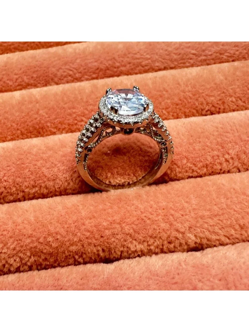 Silver-Tone Halo CZ Cathedral Engagement Ring Size 6 Sparkling Cubic Zirconia